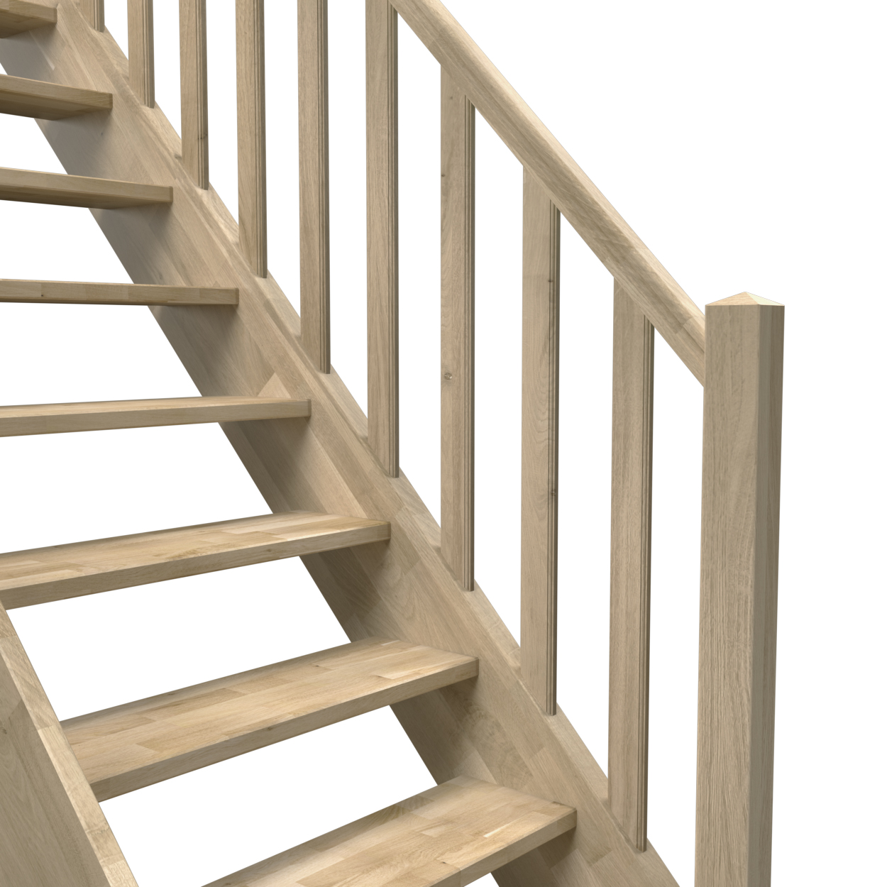 Imagen de una escalera con peldaños abiertos y una barandilla de madera con balaustres verticales de madera, para un estilo clásico y tradicional.